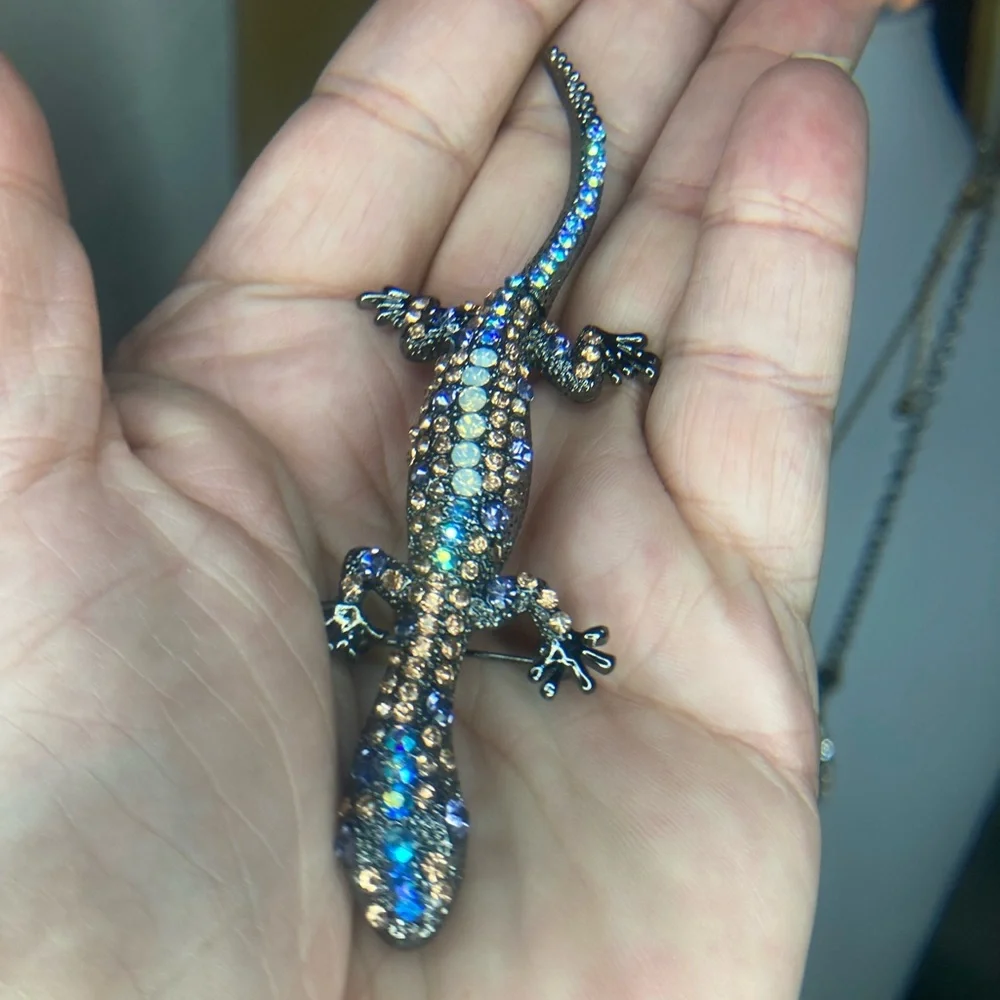 Crystal Lizard Brooch Pin - Blue and Gold Rhinestones